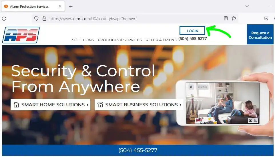 Screenshot of APS Alarm.com landing page for customer account access