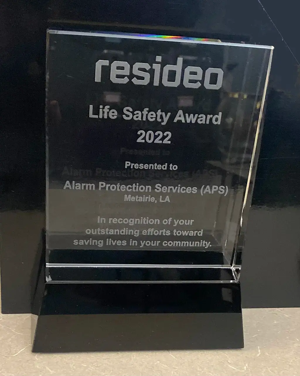 2022 Life Safety Award presented to APS Metairie, LA by Resideo