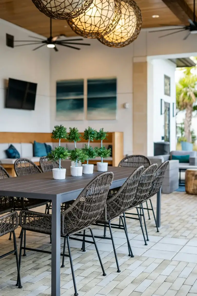 Outdoor covered space with dining table, TV, speakers, and wicker chairs for whole home audio