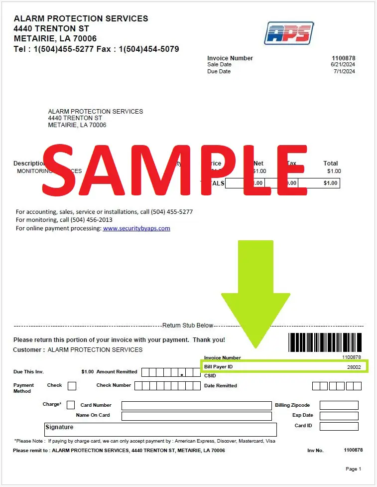APS Sample Invoice showing where Subscriber ID / Bill Payer Number is located with big red SAMPLE stamp over it.