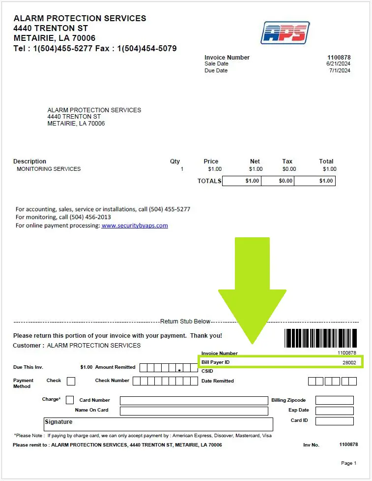 APS Sample Invoice showing where Subscriber ID / Bill Payer Number is located.