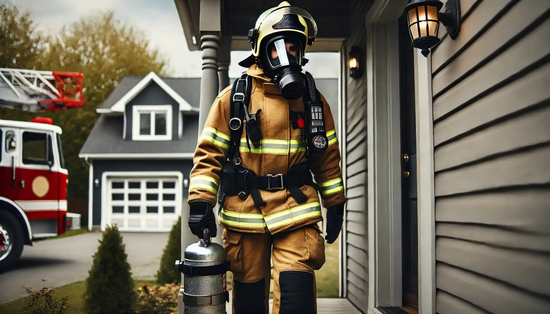 Firefighter in full gear and mask entering a home in response to a carbon monoxide detector alarm, ensuring proper placement and installation of carbon monoxide detectors.