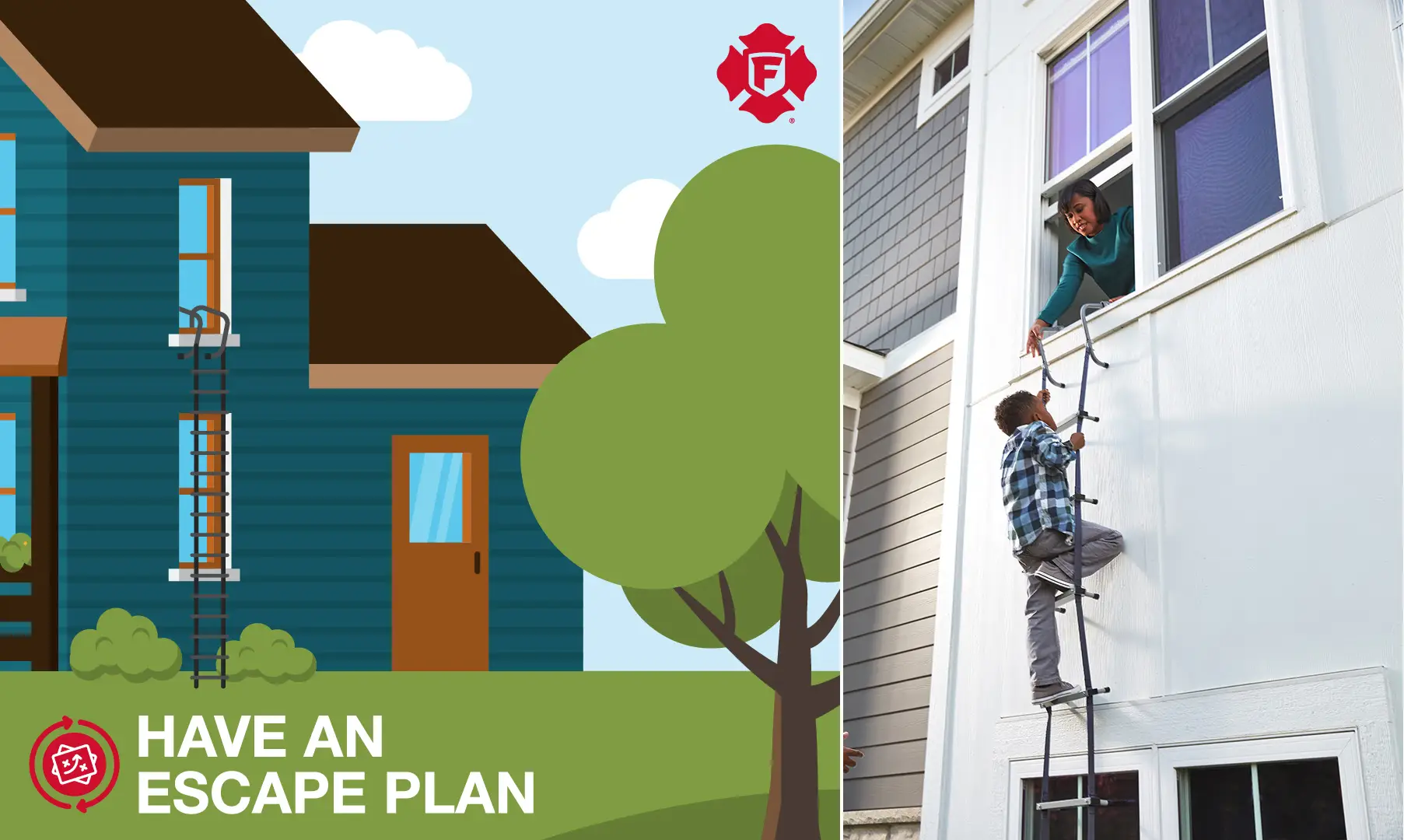 Family practicing a home fire escape plan using a fire escape ladder, emphasizing fire protection services in New Orleans.