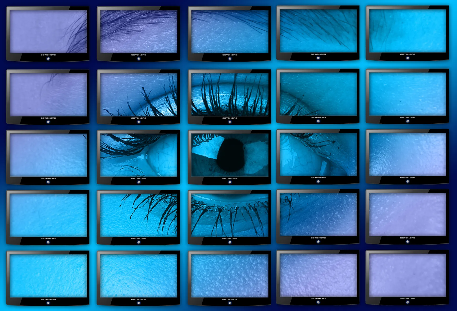 A grid of security monitors displaying a close-up of an eye, representing AI-powered video surveillance technology.