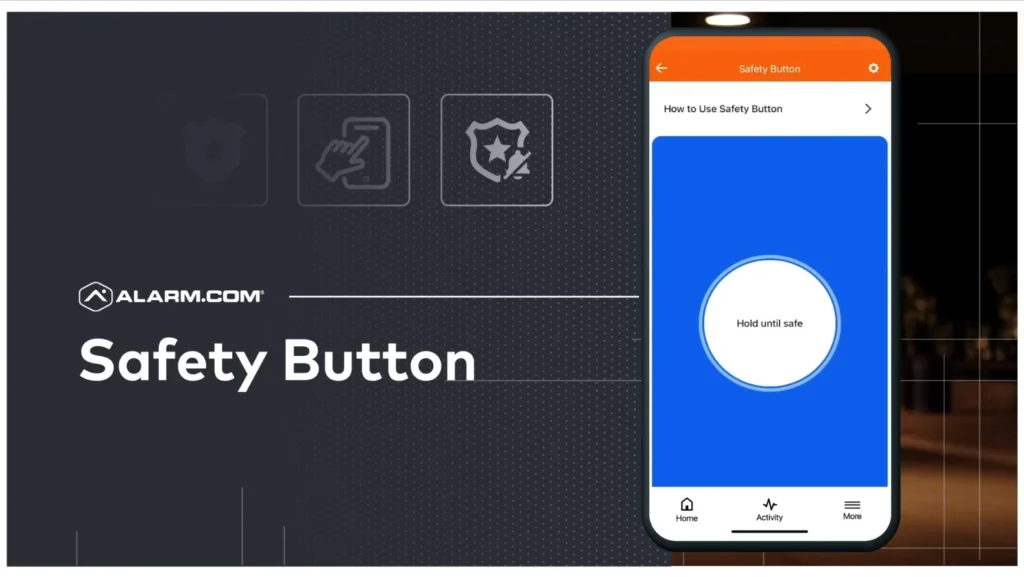 APS' Alarm.com Safety Button mobile app interface with instructions to hold until safe.