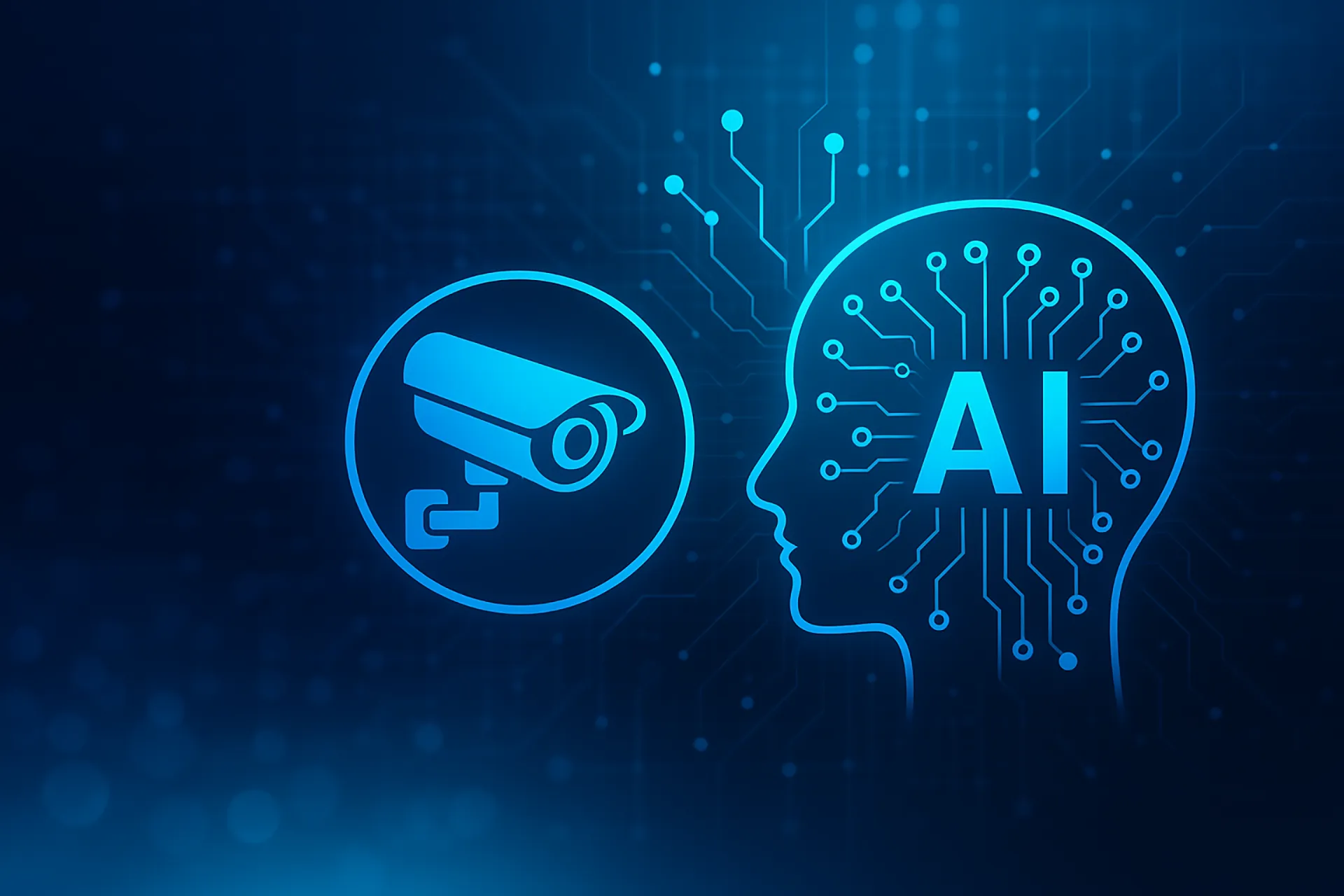 Futuristic image of an AI brain and security camera
