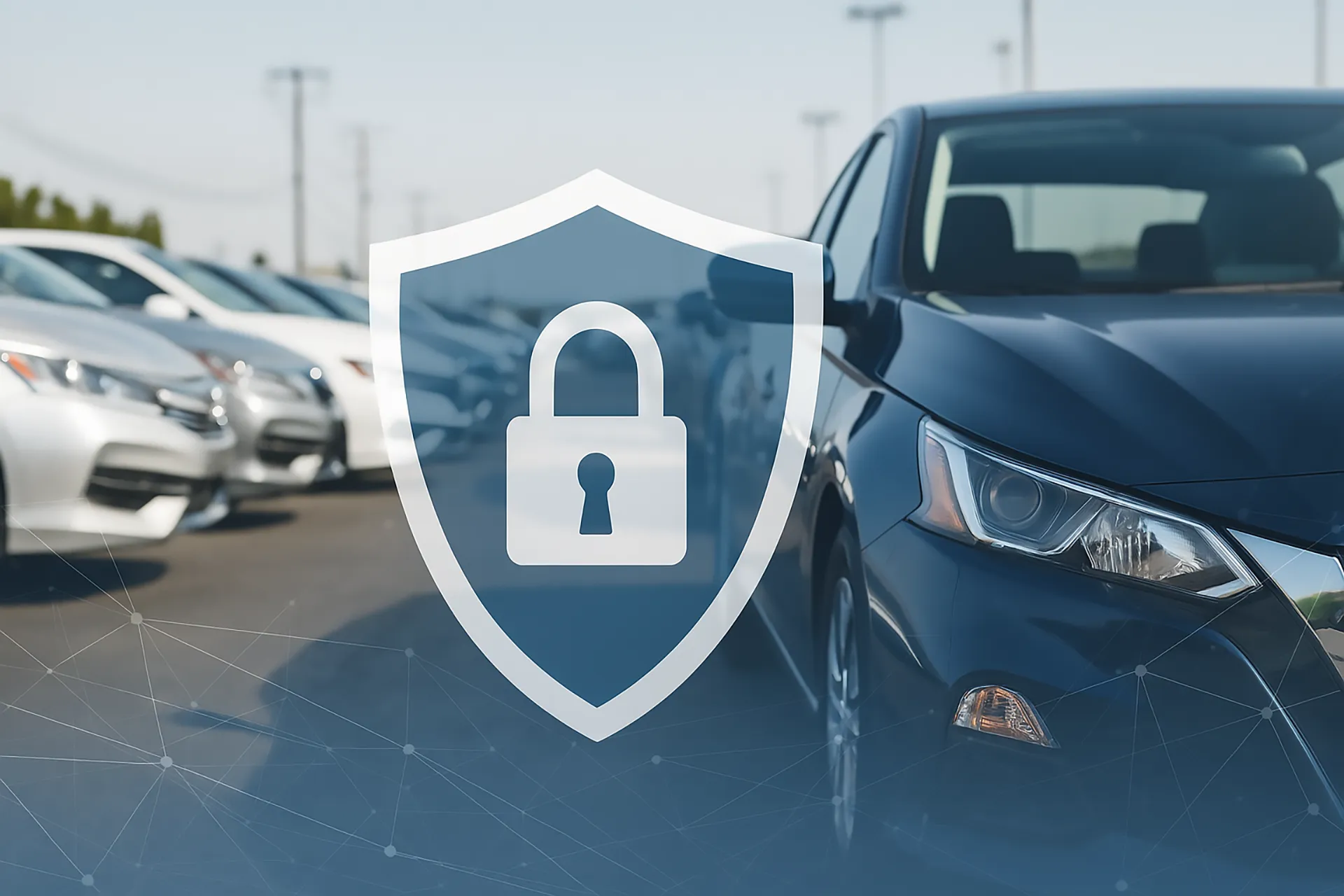 A car lot with a digital shield and lock overlay symbolizing dealership security and data protection.