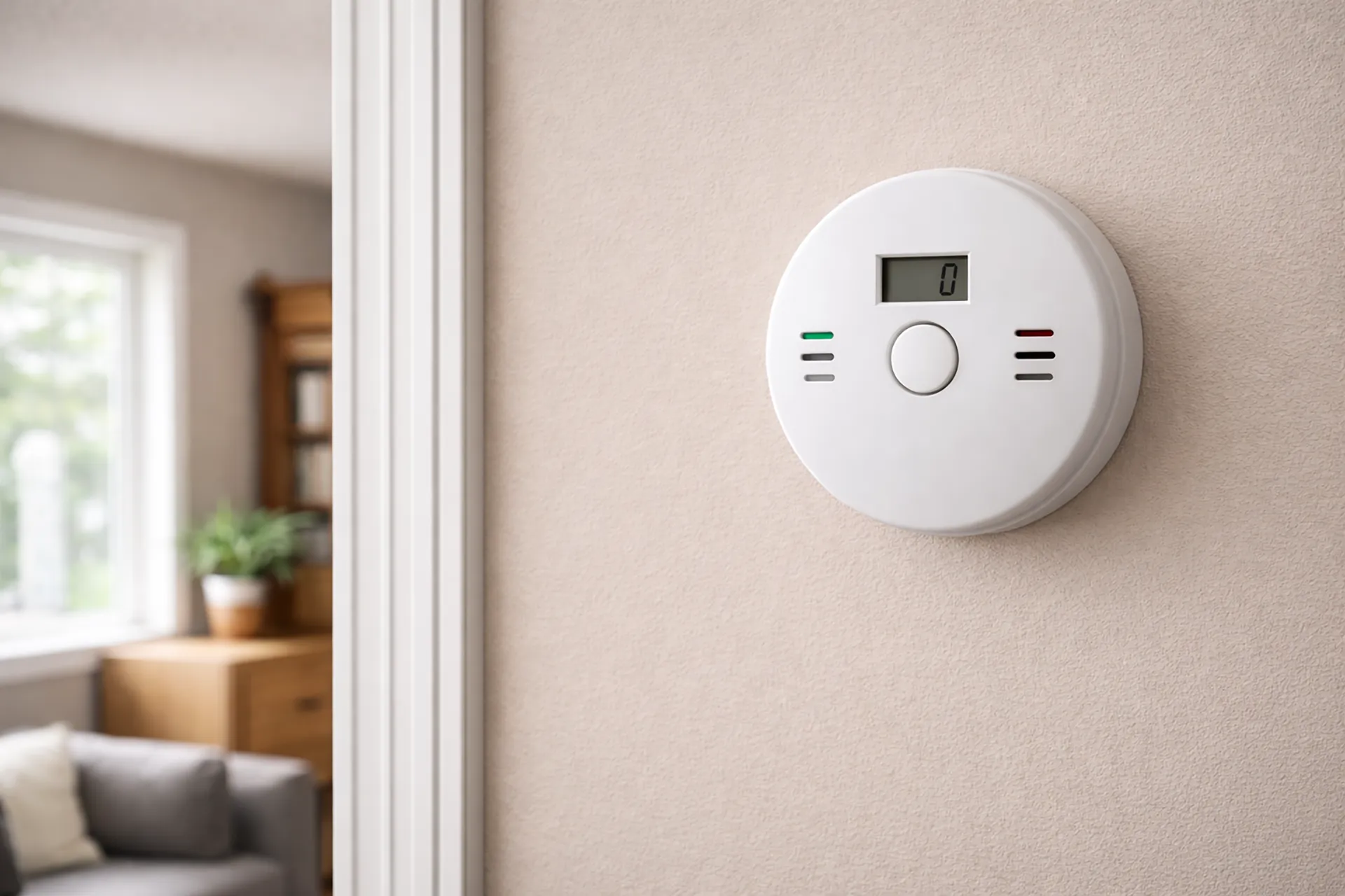 Carbon monoxide detector mounted on a wall displaying a safe zero ppm reading