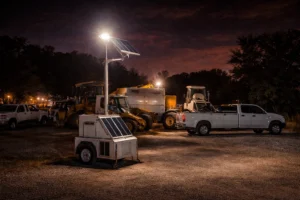 Solar-powered ProVisual NEMA security unit monitoring vehicles and heavy equipment in a secured lot at night