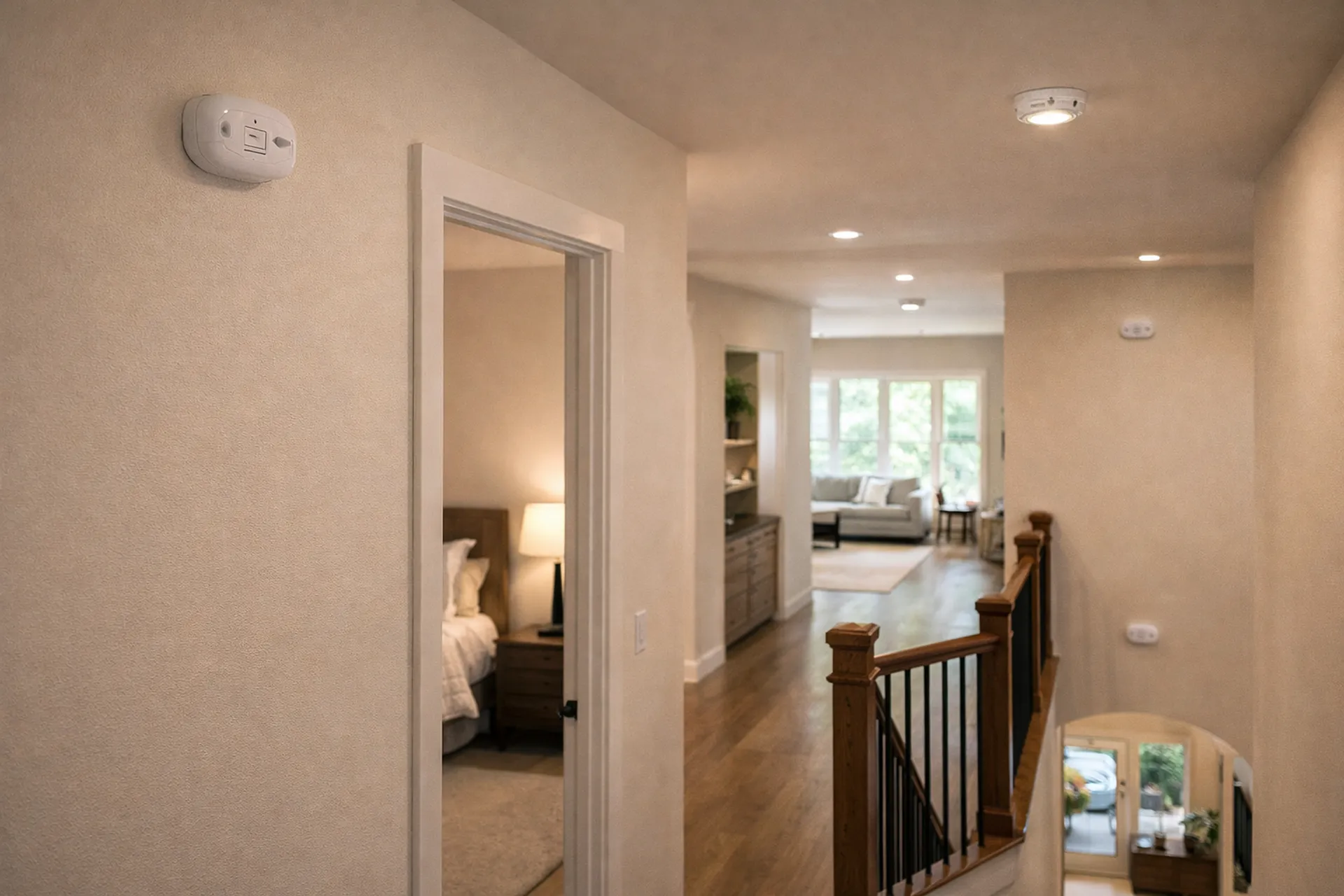 Modern two-story home interior with multiple carbon monoxide detectors installed in hallway and ceiling areas for full coverage.