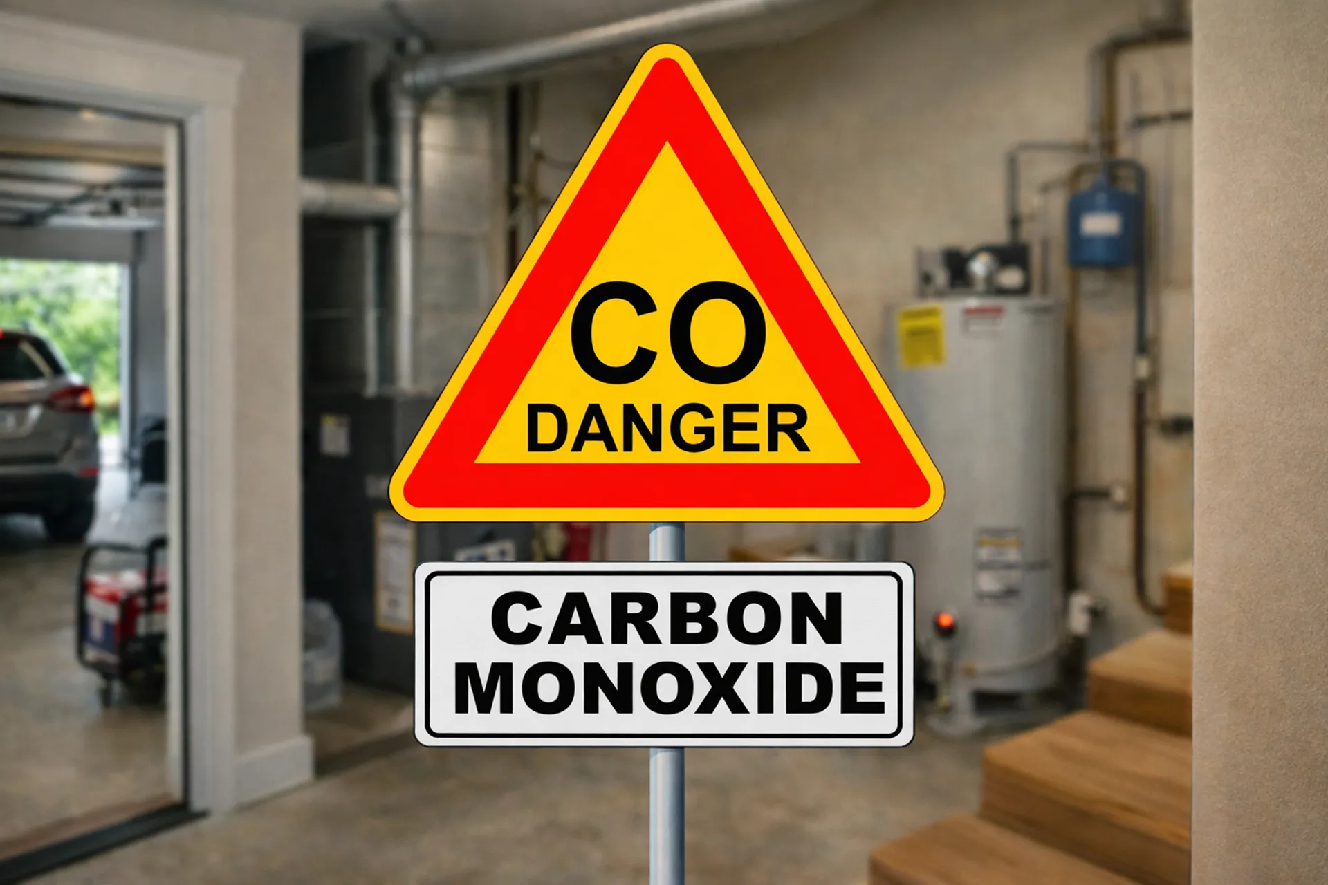 Carbon monoxide danger sign in a home with furnace and appliances in the background, highlighting potential sources of CO gas.
