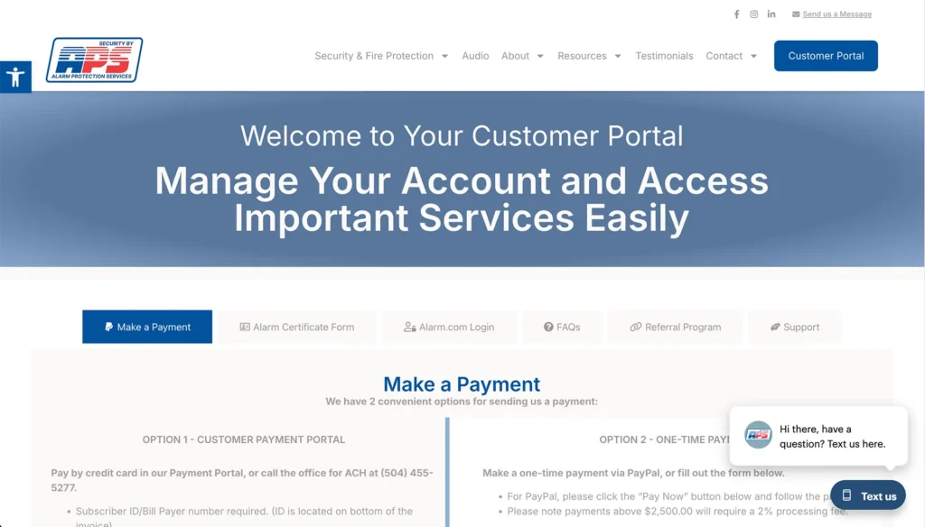 Screenshot of APS Customer Portal