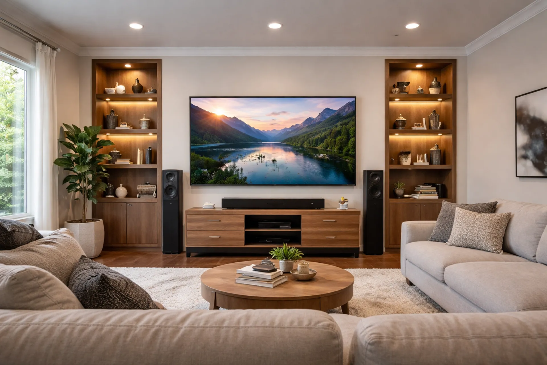 Modern living room with a wall-mounted TV, surround sound speakers, and a clean, professionally installed home entertainment system.