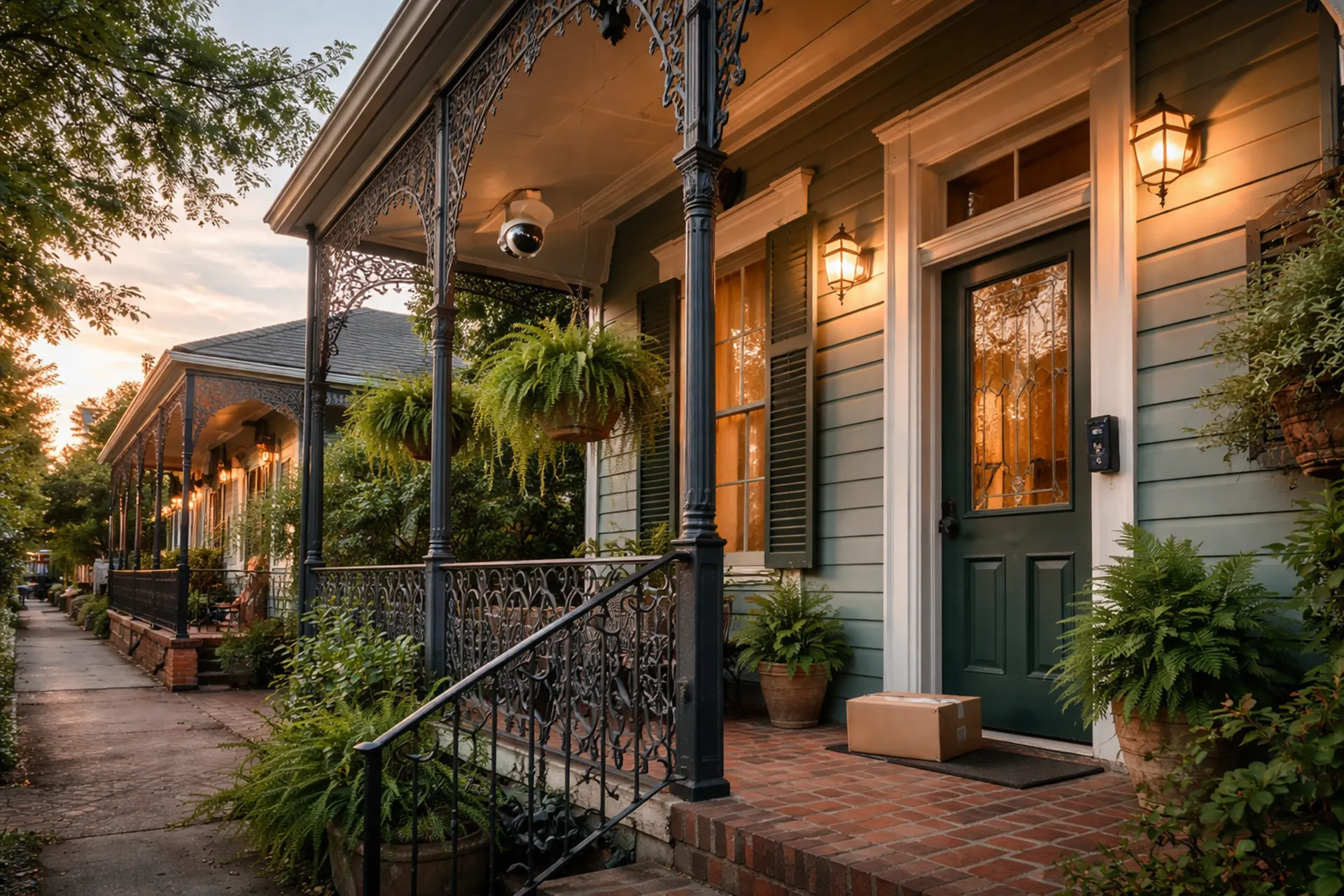 New Orleans-style home with front porch security camera and package delivery at the door