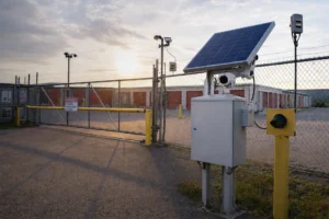 Solar-powered security camera system mounted on an APS NEMA enclosure monitoring the gated entrance of a regional self-storage facility at sunset.