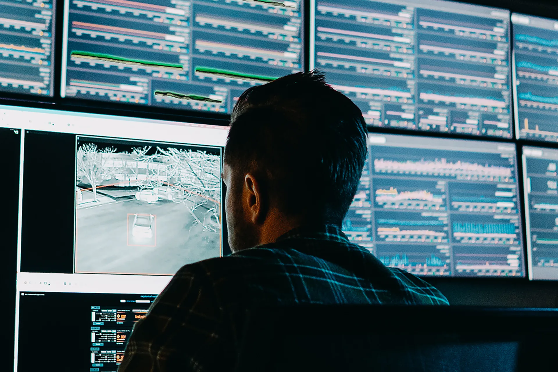 Monitoring station agent reviewing proactive video security footage
