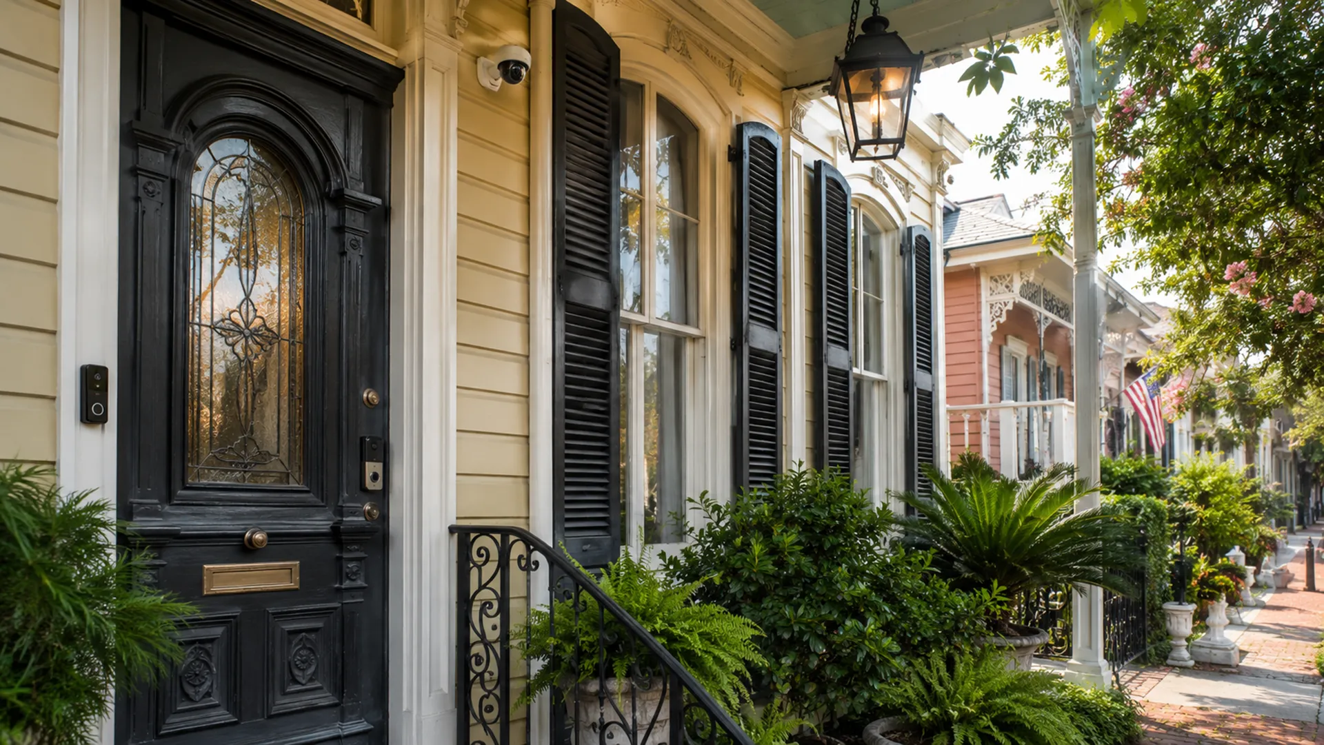 Historic New Orleans home with discreet security camera, video doorbell, antique-style front door, shutters, and lush porch plants.