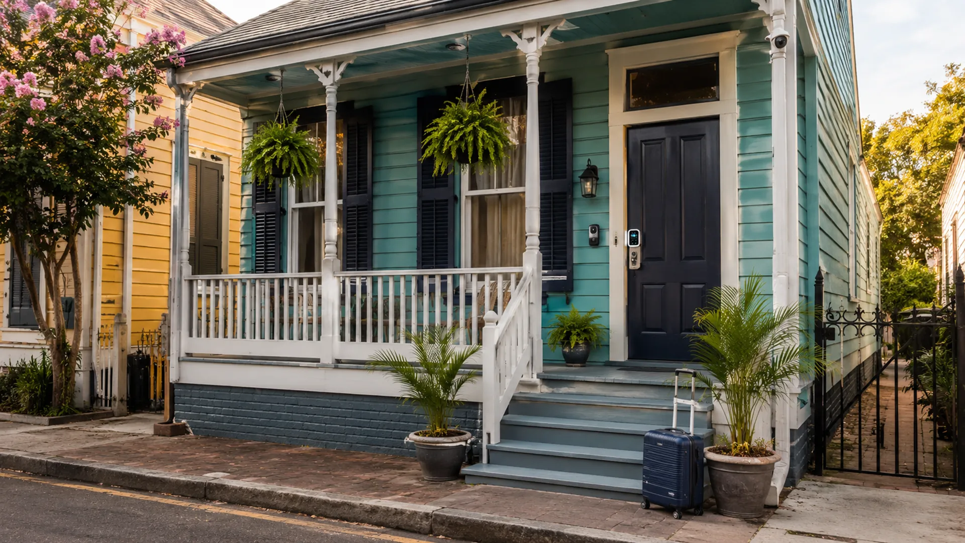 Colorful New Orleans short-term rental home with a smart lock, video doorbell, porch plants, and suitcase by the front steps.