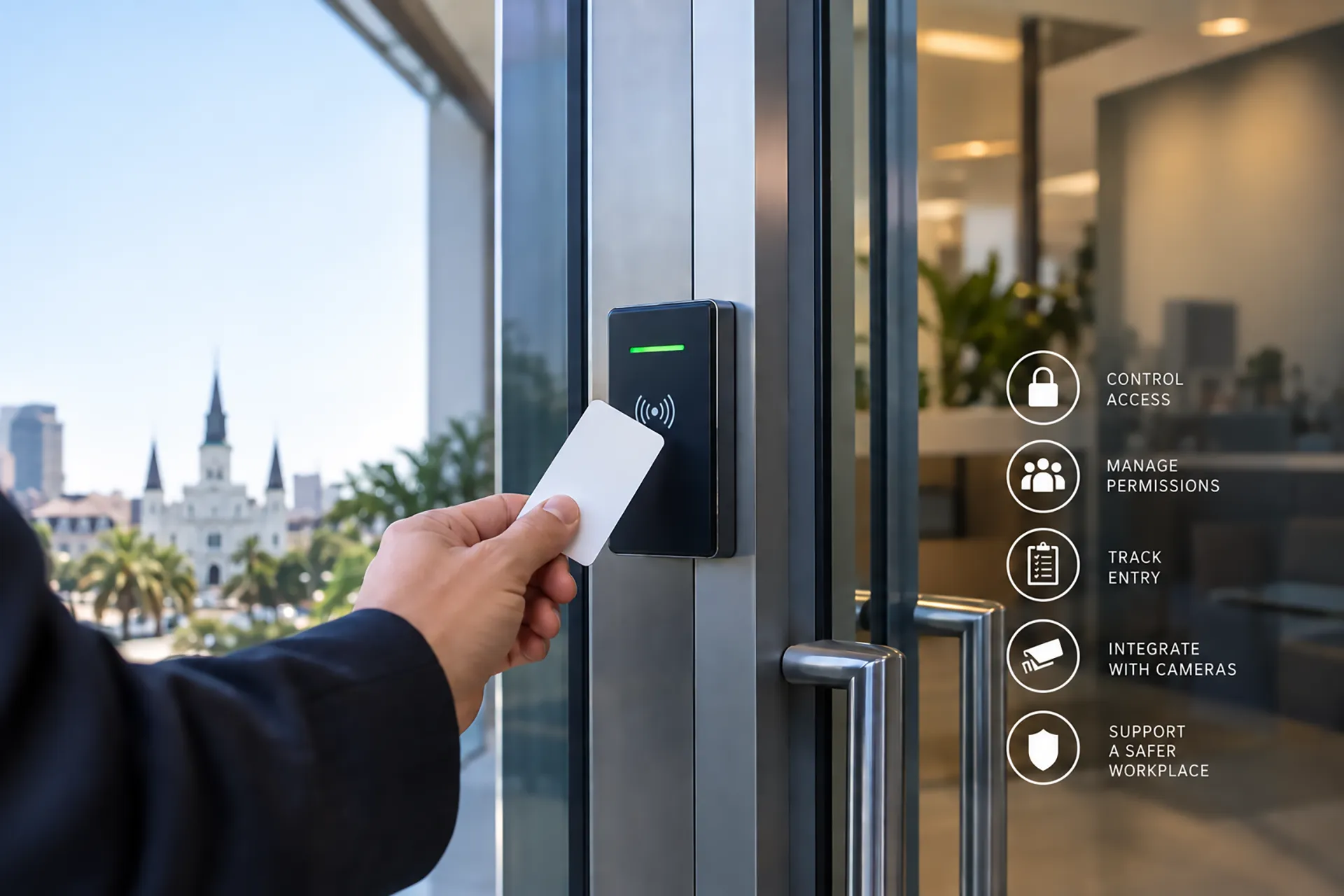 Employee using a key card at a commercial access control reader on a modern office entrance, with icons for access, permissions, entry tracking, camera integration, and workplace security.