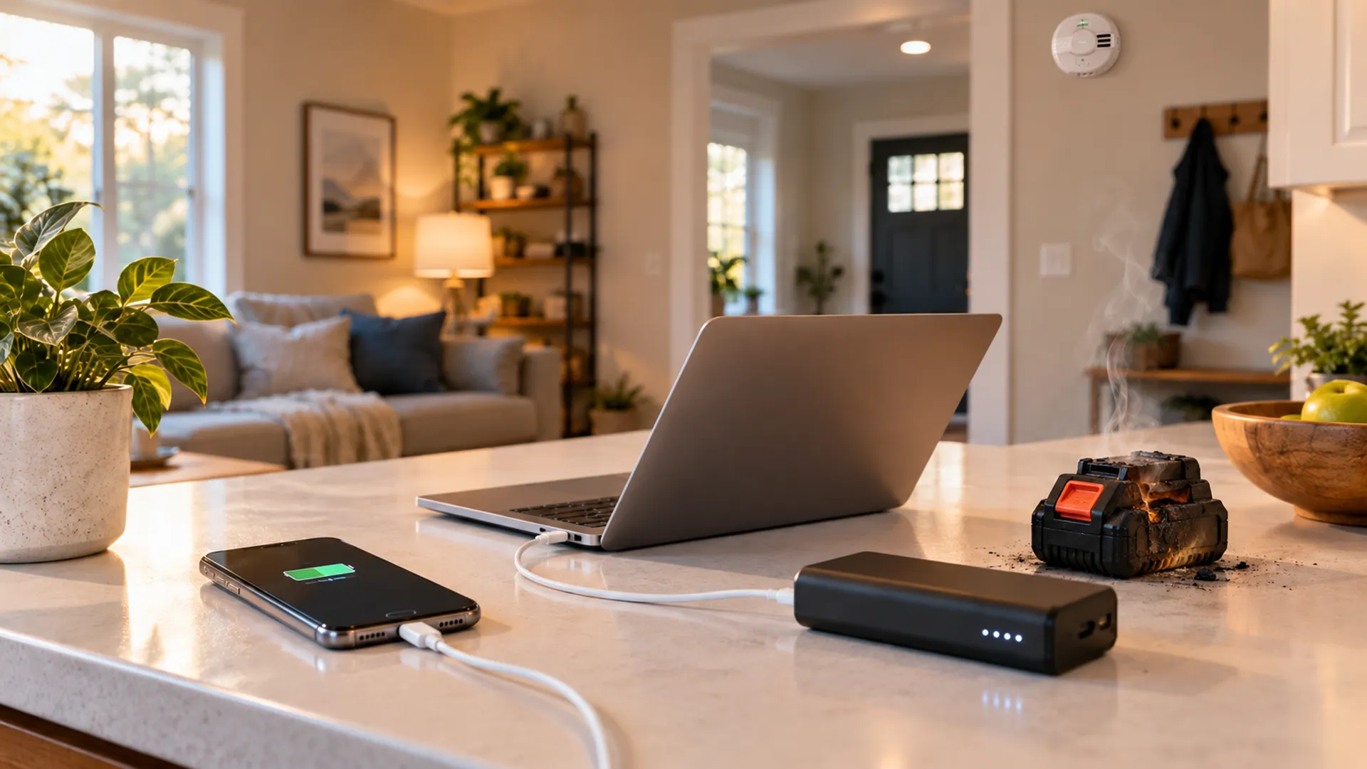 Heat-damaged lithium-ion battery smoking on a kitchen counter beside charging devices in a modern home.