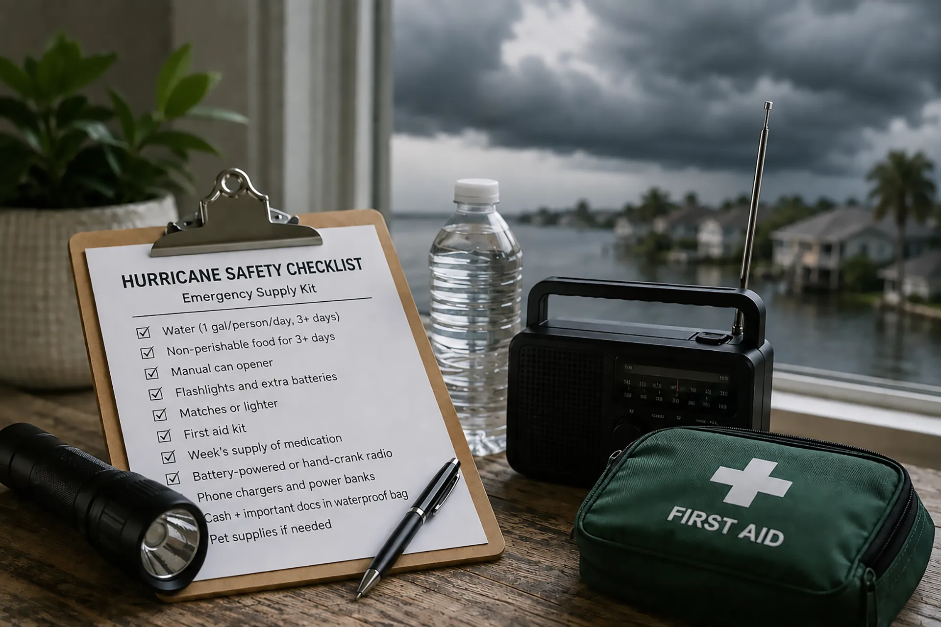 Hurricane preparedness checklist, flashlight, emergency radio, water and first aid kit set out as storm clouds approach a Louisiana neighborhood.