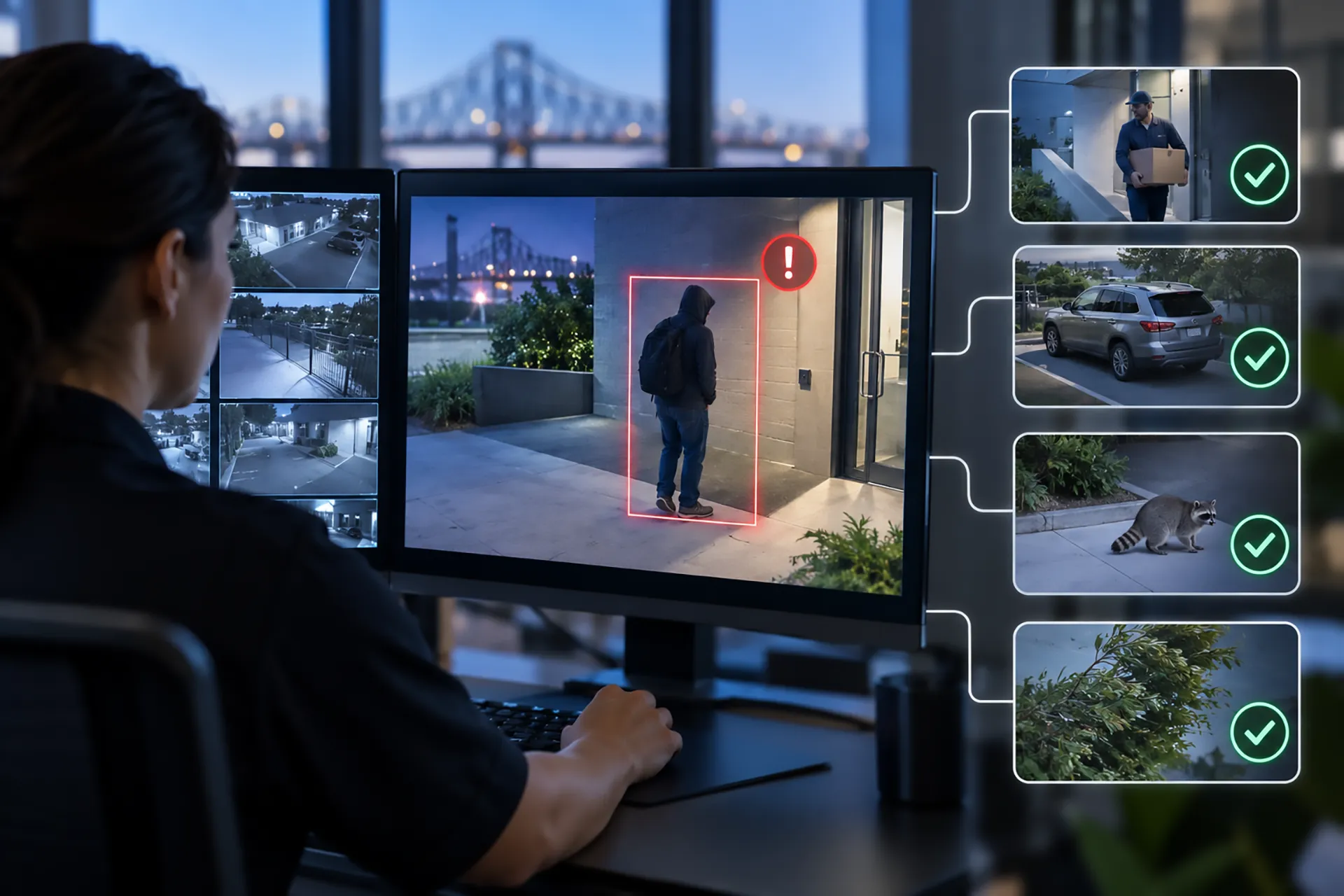 Security monitoring operator reviewing a video-verified alarm showing a person near a commercial entrance, with additional camera views identifying non-threatening activity.